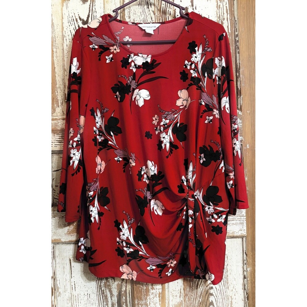 Liz Claiborne 3/4 Sleeve Loose Flowy Front Tie Blouse - Red Floral - 0X (14W)